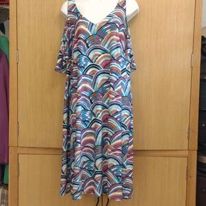 +SZ Cold Shoulder Blue/Orange Printed Dress SZ 1X By MSK Women